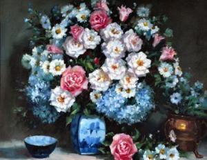 MORAN PAT,Pink and White Roses and Hydrangea in Japanese Pot,Elder Fine Art AU 2011-12-01