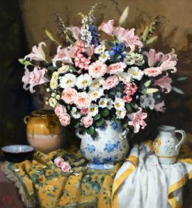 MORAN Patricia 1944-2017,Still life with flowers in a blue and white pot,Woolley & Wallis 2022-05-31