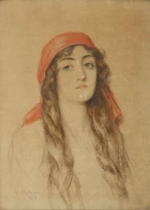 MORDASEWICZ Kazimierz 1859-1923,Portret kobiety w chuście,1908,Desa Unicum PL 2016-09-15