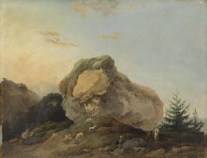 MOREAU Louis Gabriel,A hilly landscape with a large rock and a shepherd,Christie's 2023-05-24