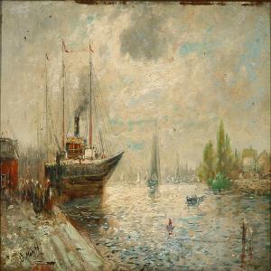 MORETTI D,Harbour scene with boats and passengers,Bruun Rasmussen DK 2010-09-27
