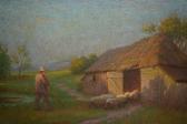 MORGAN Owen Baxter,figure with sheep by a thatched barn,Lawrences of Bletchingley 2020-02-04