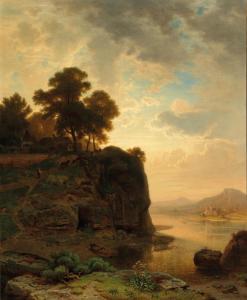 MORGENSTERN Christian Bernhard,Flusslandschaft bei Sonnenuntergang,1864,Palais Dorotheum 2023-06-26