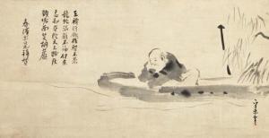 MORIKAGE Kusumi 1620-1690,Hotei in boat and calligraphy,Christie's GB 2001-10-15