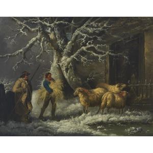 MORLAND George 1763-1804,BRITISH SHEEPFOLD IN WINTER,Waddington's CA 2017-07-08