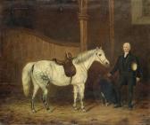 MORLEY George 1832-1863,A saddled grey Hunter, with a gentleman and a dog ,Christie's GB 1998-06-05