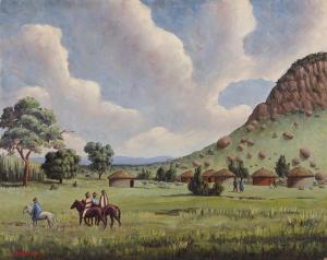 MOROKE LEKGETHO Simon 1929-1985,Landscape with Men on Horseback,1966,Strauss Co. ZA 2023-08-14