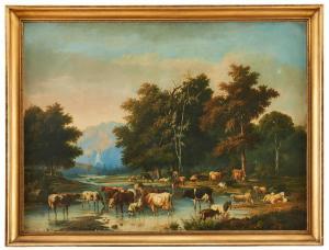 MORREN Auguste 1800-1800,Landskap med boskap vid vattendrag,Uppsala Auction SE 2020-08-18
