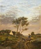 MORREN Auguste 1800-1800,Schäferin mit Esel in Dorflandschaft,1845,Bergmann DE 2008-10-25