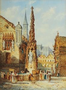 MORRIS Ernest 1927,Figures at a fountain in a continental square, pro,1878,Mallams GB 2018-07-11