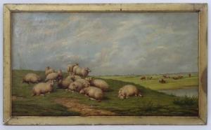MORRIS J.C 1851-1877,Sheep resting at lake's edge with cattle to background,Dickins GB 2019-11-08