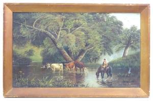 MORRIS J.D.,Cattle watering in a wooded river with a drover on,Claydon Auctioneers 2021-08-04
