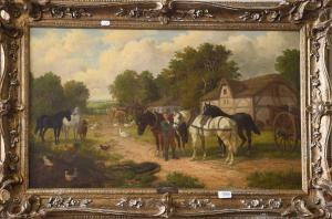 MORRIS John W 1865-1924,Farmer harnessing working horses,Tennant's GB 2022-08-20