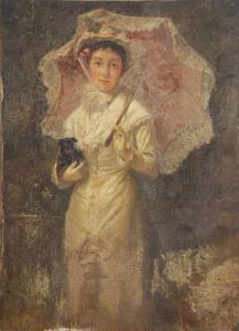 MORRISH Sydney S 1852-1894,A lady with a parasol, holding her pet dog,1870,Dreweatt-Neate 2012-02-15