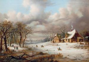 MORSE Auguste Achille 1798-1861,Winterlandschaft mit Soldaten vor einem Gehöft,Stahl DE 2009-02-14