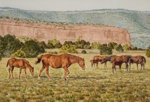 MORTON Gary 1951,Horses Grazing Below the Mesa,Altermann Gallery US 2019-11-08