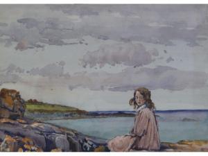 MORTON JAMES H 1881-1918,Beach scene with young girl seated in foreground,Capes Dunn GB 2012-09-25