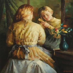 MOSKOV L,Young girl doing her hair in front of a mirror,Bruun Rasmussen DK 2013-12-02