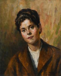 MOSSA Giovanni Maria,Portrait of a young lady wearing a brown coat,1956,Woolley & Wallis 2022-12-14