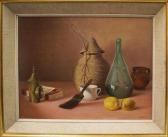 MOSSINI Giacomo 1927,Still life of a wicker jar, a flask, a cup, a jug,,Rosebery's GB 2013-07-13