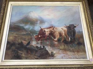 MOTLEY Wilton 1800-1900,Highland cattle watering in landscape with a grous,Jim Railton GB 2016-02-27