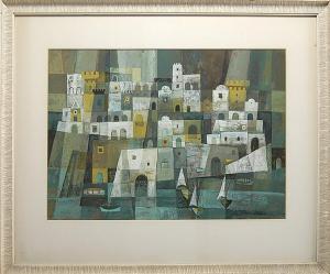 MOULIS WILLIAM 1919,Cubist-style depiction of a coastal village,Eldred's US 2014-06-07