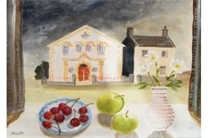 MOY Judith 1927-2016,Fruit on windowsill with buildings across the roa,The Cotswold Auction Company 2015-11-03