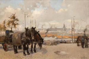 MUEHLHAUS Daan 1907-1981,Horses by the Maas in Rotterdam,Venduehuis NL 2022-11-17