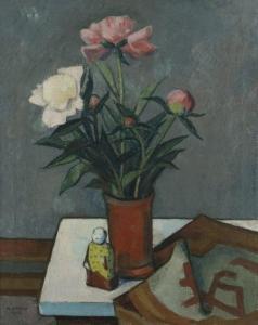 Mueller Eduard Heinrich,Still life with flowers and Japanese figure,1952,Peter Karbstein 2020-07-11