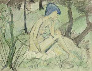 MUELLER Otto 1874-1930,Sitzender Frauenakt mit Bäumen und Hügeln,1923,Christie's GB 2024-03-08