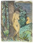 MUELLER Otto 1874-1930,Stehender weiblicher Akt, an einen Baum gelehnt, r,1928,Ketterer 2009-12-12