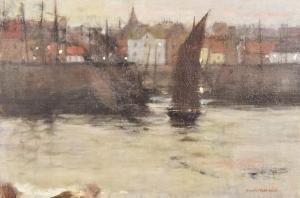 MUIRHEAD David Thomson 1867-1930,Dusk over a town harbour scene with the return ,Canterbury Auction 2022-12-03