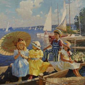 MUKUTIOK B 1900-1900,CHILDREN BY THE HARBOR WITH PARASOL,1998,Grogan & Co. US 2012-03-24