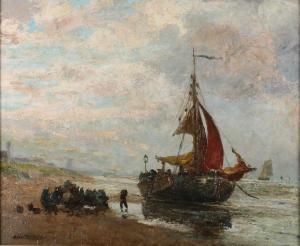 MULERTT Carl Eugene,Vissersboot met vissers op Katwijkse strand,Twents Veilinghuis 2020-04-23