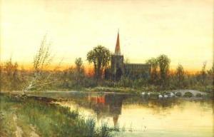 MULHOLLAND Samuel A,stately church at center sits at edge of water,19th,Winter Associates 2021-05-24