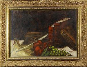 MULKEY A,Still Life with Books, Fruit and Quill Pen,1960,Clars Auction Gallery US 2015-03-21