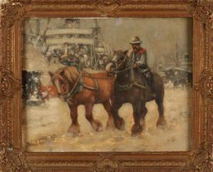 MULLER Anton 1853-1897,Draft horse on snowy quay,Twents Veilinghuis NL 2020-01-10