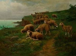 MULLER E,Coastal landscape with flock of sheep with sailboats on the horizon,Quinn's US 2007-09-08