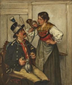 MULLER Ernst Emmanuel 1844-1915,Coachman and woman wearing a dirndl,Neumeister DE 2022-09-28