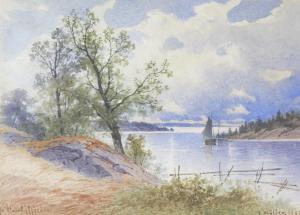 Muller H,Continental lakeland scene with a sailing boat beyond,1897,Halls GB 2017-06-21