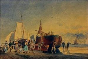 MULLER Heinrich Eduard 1823-1853,Belebte Szene mit Fischern am Strand,Reiner Dannenberg 2019-06-20