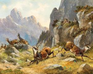 MULLER Moritz 1841-1899,Chamois hunting high in the mountains,1894,Palais Dorotheum AT 2023-09-07