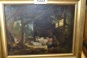 MULLER William 1881-1918,figures and cattle beside a cottage,Lawrences of Bletchingley GB 2018-07-17