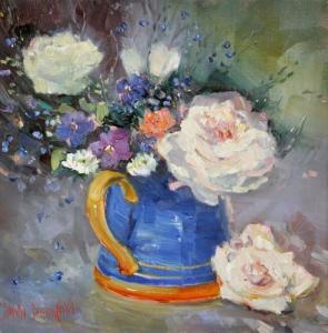 MUMFORD Jenni 1949,Roses, Forget-me-Not and Pansies in Olive Jug,Elder Fine Art AU 2014-07-27