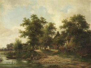 MUNTER David Heinrich 1816-1879,Summery landscape with a farmstead at a river. Oil,Nagel 2007-12-05