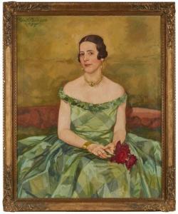 MUNZER Adolf 1870-1952,Bildnis einer sitzenden Frau in einem grünen Ballk,1934,Dobritz DE 2021-04-24
