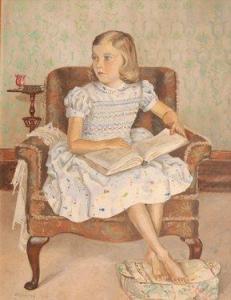 Murray H,interior with girl seated in an armchair reading a,Fieldings Auctioneers Limited 2009-03-21