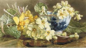 MUTRIE Annie Feray,Still life of primroses, daffodils and a blue and ,Christie's 2009-11-08