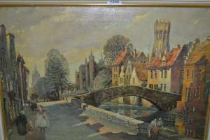 MYDELTON LLOYD A,figures and buildings beside a canal in Bruges,Lawrences of Bletchingley 2017-10-17