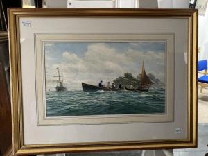 MYERS Mark Richard 1945,seven-man rowing boat at sea with a steamship in t,Chilcotts GB 2021-07-17
